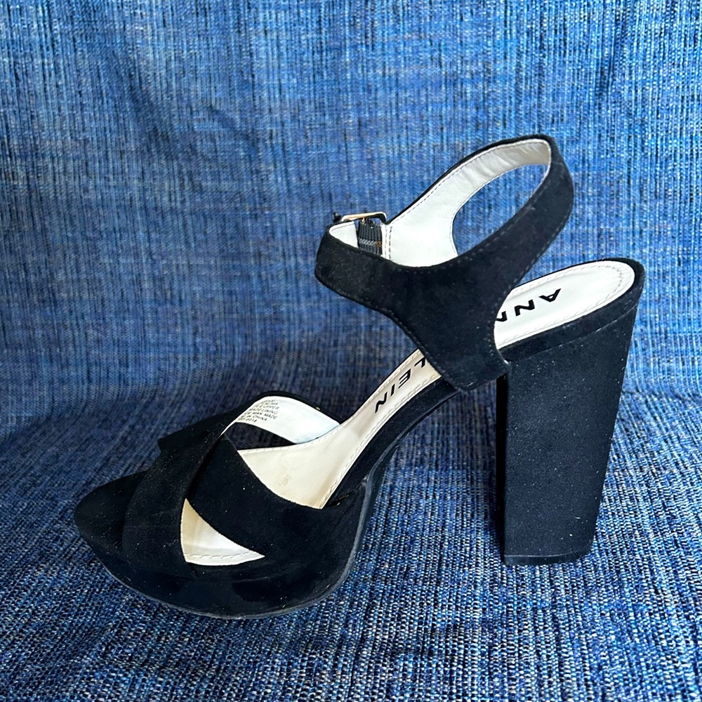 Nine West black suede platform open-toe heels